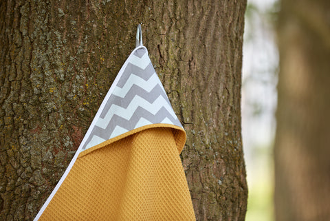 Hooded towel chevron light gray and mint waffle piqué mustard