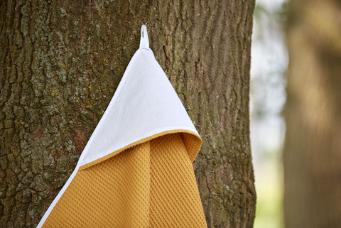 Hooded towel plain white waffle piqué mustard