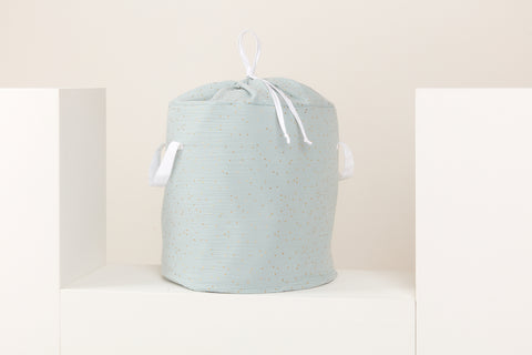 Toy basket muslin golden dots on green