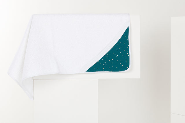 Hooded towel muslin gold dots on teal