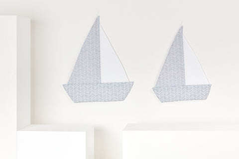 Sailboat white feather pattern on blue white feather pattern on gray