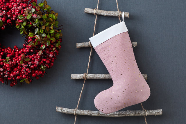 Chaussette de Noël mousseline pois dorés sur rose