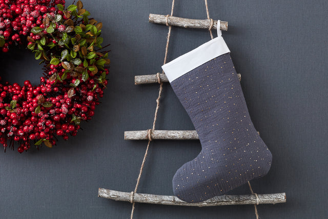 Christmas sock muslin gold dots on gray