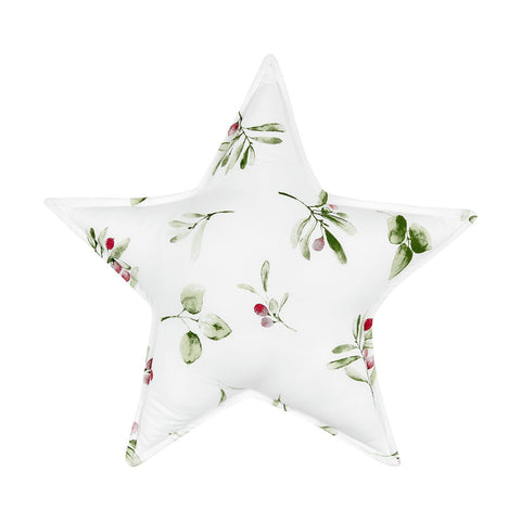 Star pillow muslin branches green red on white