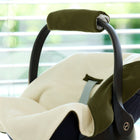 Eine Nahaufnahme der KraftKids Decke für Babyschale Winter Doppelkrepp Grün Herbstgrün, mit Gurtöffnungen zur einfachen Verwendung mit dem Drei-Punkte-Gurt-System. Weiche Stoffe und ein verschwommener Hintergrund schaffen eine gemütliche Szene.