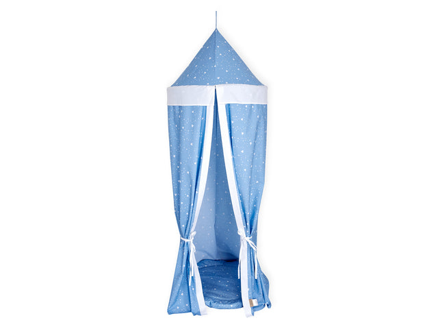 Tenda sospesa con triangoli arrotondati bianchi su blu