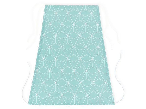 Der KraftKids Sonnensegel "weiße dünne Diamante auf Mint" ist eine hellblaue (mint) Schürze aus 100% Baumwolle mit weißem Rautenmuster und passenden weißen Hals- und Taillenbändern, flach auf weißem Hintergrund abgebildet.