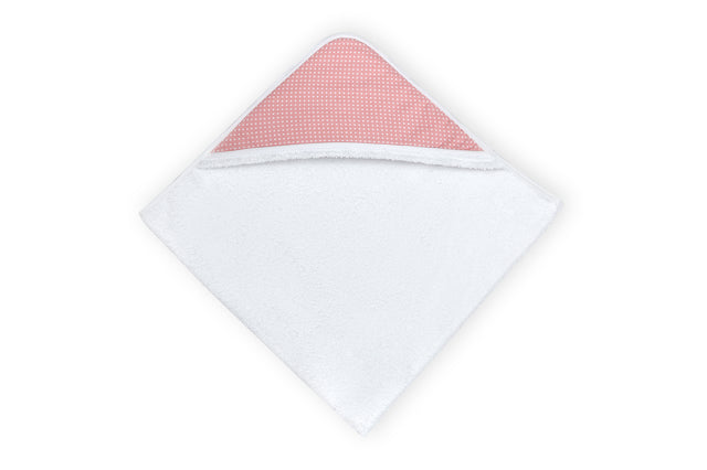Hætte håndklæde hvide prikker på koral pink