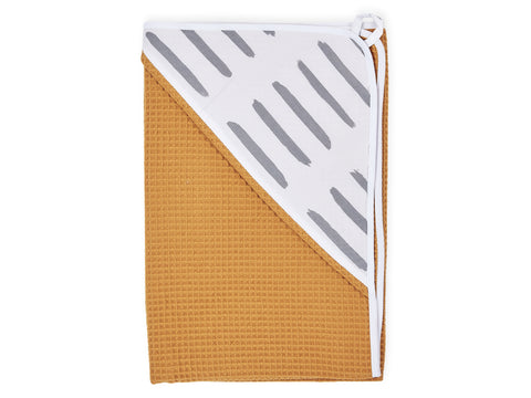 Hooded towel gray lines on white waffle piqué mustard