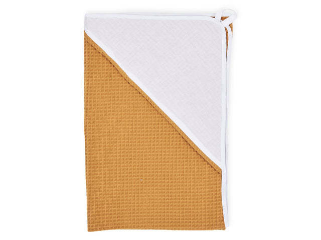 Hooded towel plain white waffle piqué mustard