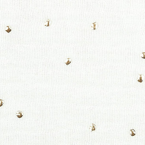 KraftKids Stoff Musselin goldene Punkte auf Weiß MGE SSS096: Weißer 100% Baumwolle-Stoff mit feiner Struktur und kleinen, unregelmäßig platzierten goldenen Punkten für einen eleganten Look.