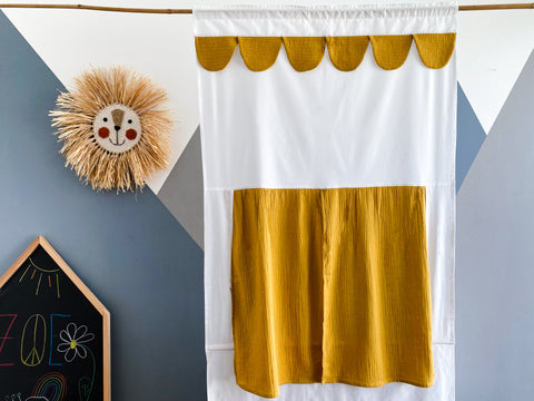 Puppet theater Punch and Judy show muslin golden dots on yellow including telescopic rod